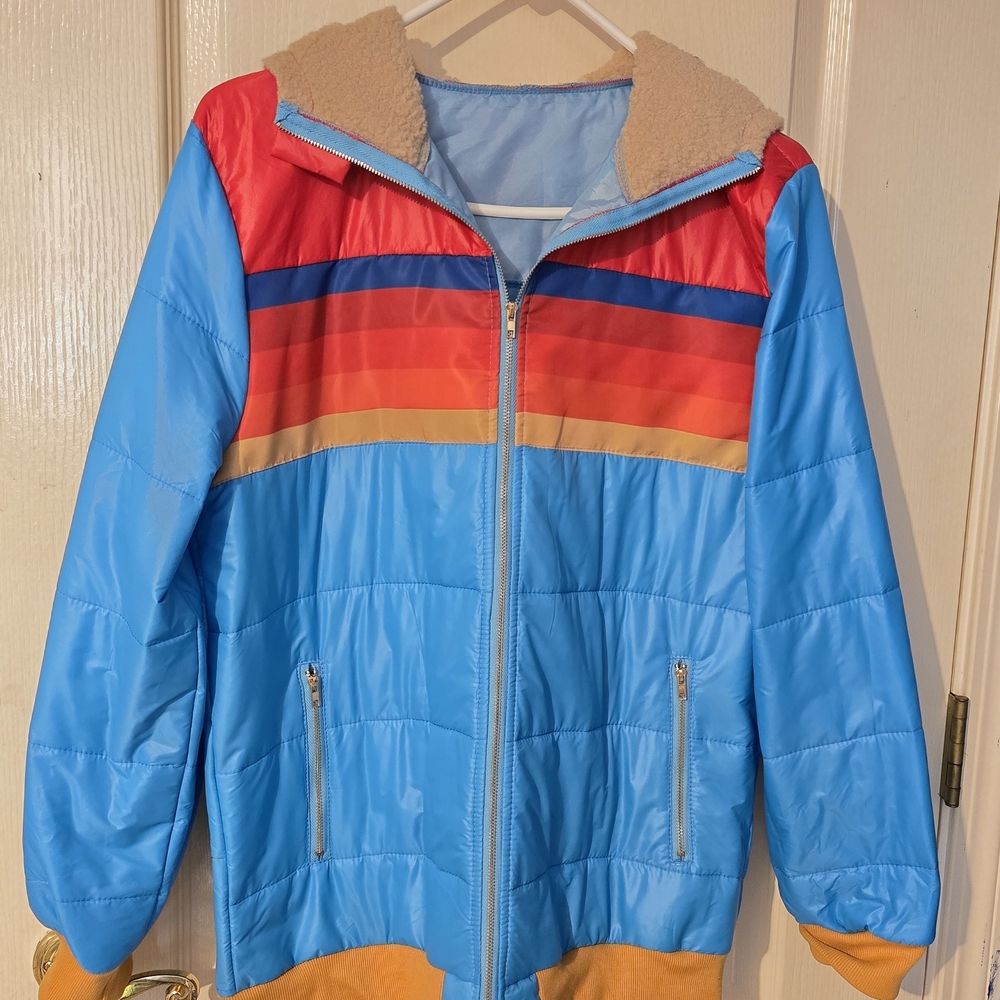 Kids Light Blue Puffer Jacket with Rainbow Stripe